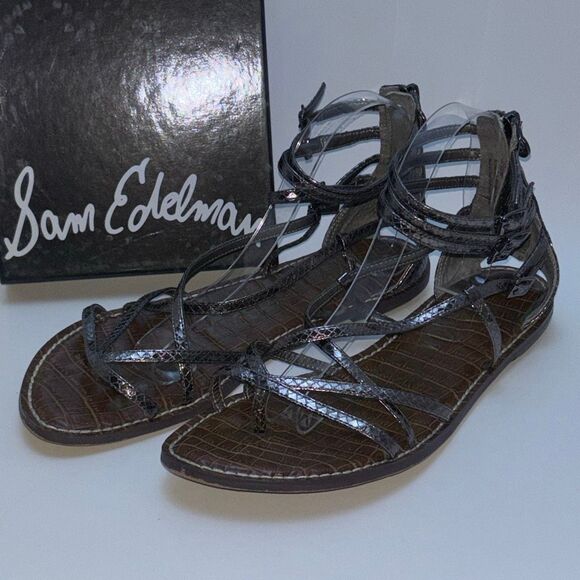 Sam Edelman Gable Pewter Gladiator Sandal Womens Back Zip‎ Sz 11 metallic w/box - Picture 2 of 9